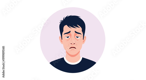 Sad and exhausted man with dark circles under his eyes looking tired and fatigued in a simple circular portrait frame.