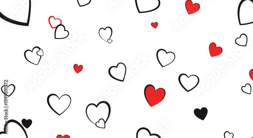 Romantic background pattern featuring hand-drawn heart outlines in various sizes and colors like black and red scattered on a white canvas.