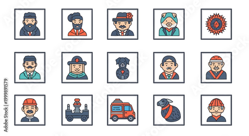 Set of diverse character illustrations in frames