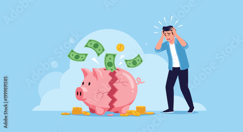 Frustrated man standing next to a large cracked piggy bank as money and coins fly out, symbolizing financial loss and economic hardship.