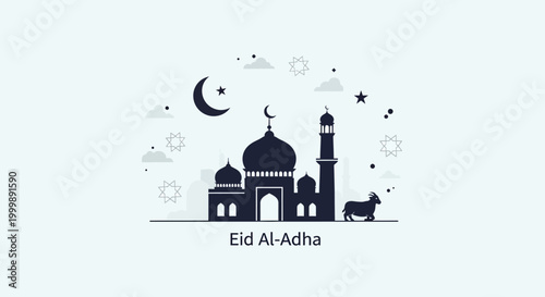 Eid al-Adha Islamic holiday illustration with mosque and sheep