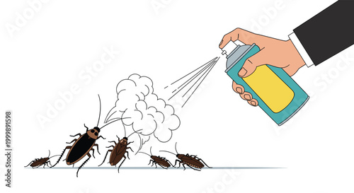 Hand using a spray can of insecticide to eliminate a group of cockroaches, depicting common household pest control and extermination methods.