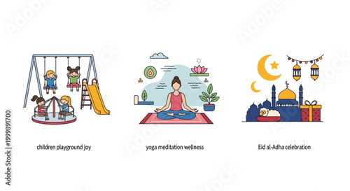 Illustrations for children playground joy, yoga meditation wellness and Eid al-Adha celebration