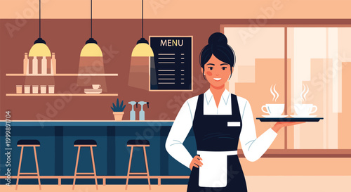 Smiling professional waitress standing in a modern cozy cafe holding a serving tray with two steaming cups of coffee for customers.