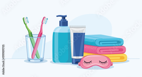 Collection of daily bathroom essentials featuring colorful towels, toothbrushes, hand soap, toothpaste, and a pink sleep mask for care.