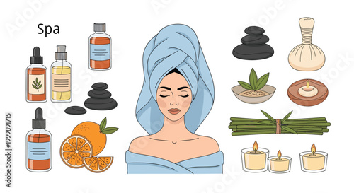Comprehensive spa wellness set including a relaxed woman with a hair towel, massage stones, essential oils, scented candles, and citrus.