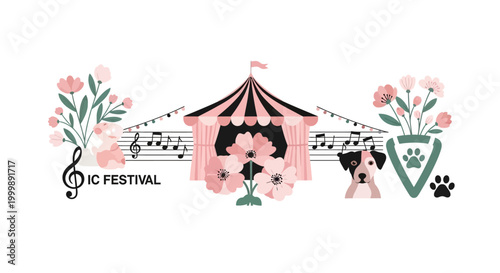Whimsical music festival banner with circus tent, flowers, and dog illustration