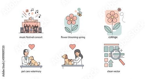 Flat linear icons set of music festivals, spring flowers, and pet veterinary care.
