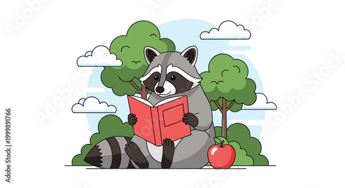 Cute raccoon sitting in a forest clearing reading a red book with an apple nearby and trees in the background.