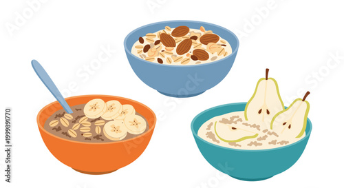 Set of healthy breakfast bowls containing oatmeal porridge topped with sliced bananas, fresh pears, almonds, and raisins.