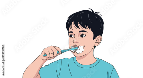 Young boy with dark hair diligently brushing his teeth with blue toothbrush and white foam for healthy dental hygiene routine.