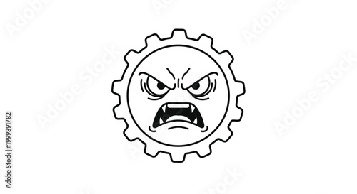 Angry and aggressive mechanical gear character with sharp fangs and furrowed brows shown in black and white line art illustration.