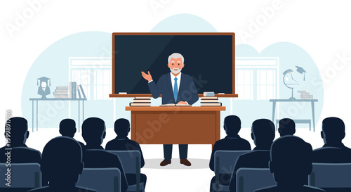 Experienced professor standing at a desk giving a lecture to a group of students in a classroom with a blackboard.