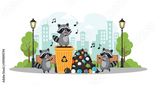 Three playful raccoons dancing and singing around a trash bin and a pile of garbage in a city park setting.