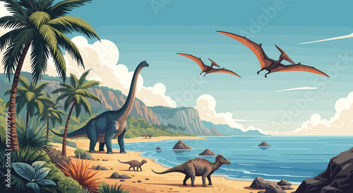 Prehistoric scene featuring several species of dinosaurs including long-necked sauropods and flying pterosaurs on a beach.