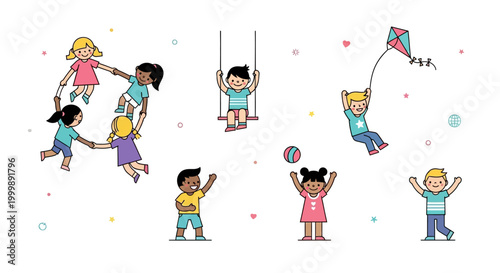 A colorful illustration of children playing and having fun with a kite, ball, and on a swing against a white background with pastel confetti, showcasing a joyful scene in a vextor ilustrasi