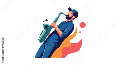 Talented jazz musician with beard and cap playing saxophone passionately with abstract colorful artistic shapes in background.