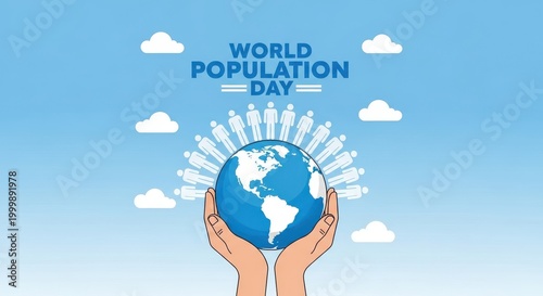 World population day concept illustration with hands holding globe and people icons on blue sky background