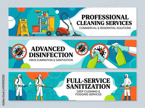 Professional Cleaning and Disinfection Services Banner Set for Commercial and Residential Sanitization, Virus Elimination, and Deep Fogging Solutions