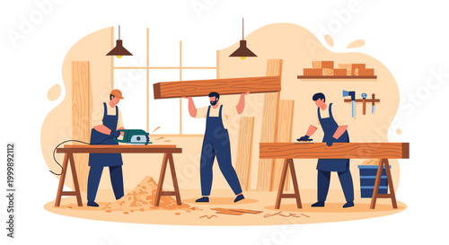 Team of skilled carpenters working with wood in workshop using saws and tools to build furniture pieces and structures.