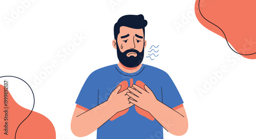 Man with beard suffering from respiratory problems or chest pain holding his hands over lung illustration for health awareness.
