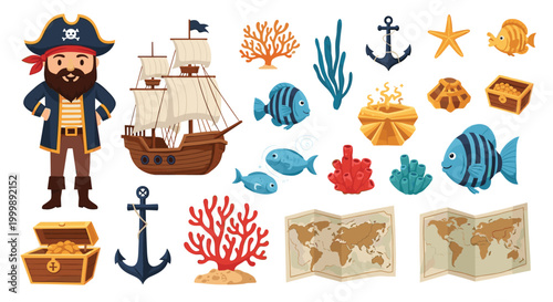 Large set of pirate and underwater icons including a pirate captain, ship, treasure chests, anchors, maps, and tropical fish.