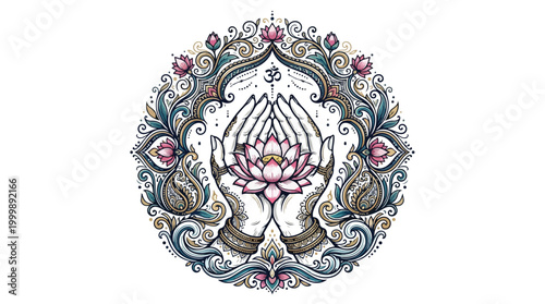 Minimalist outline illustration of a meditating Buddha figure seated on a blooming lotus flower.