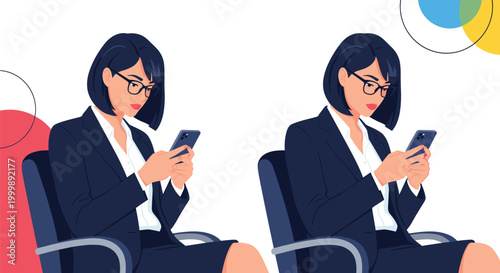 Businesswoman in elegant dark suit sitting in office chair and browsing her smartphone while focusing on screen content.