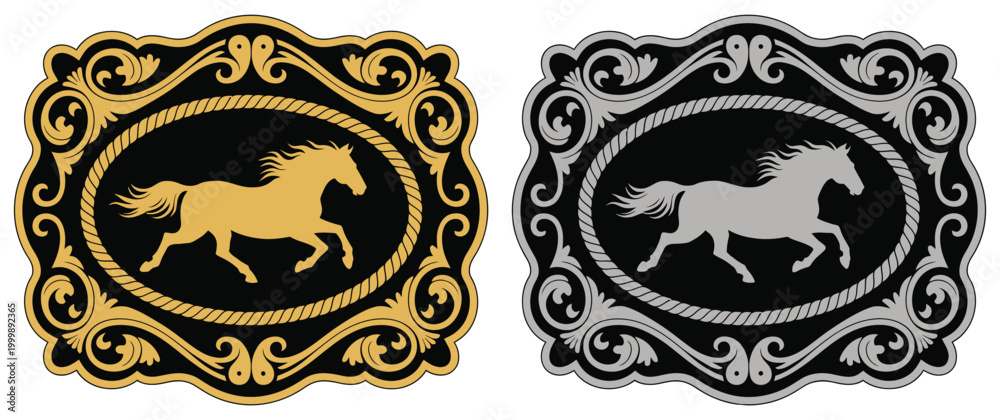 Fototapeta premium Horse label belt buckle wild western rodeo ranch cowboy style tag design, gold and silver vector silhouettes with classic rodeo symbols, Western festival artwork illustration, vintage cowboy branding