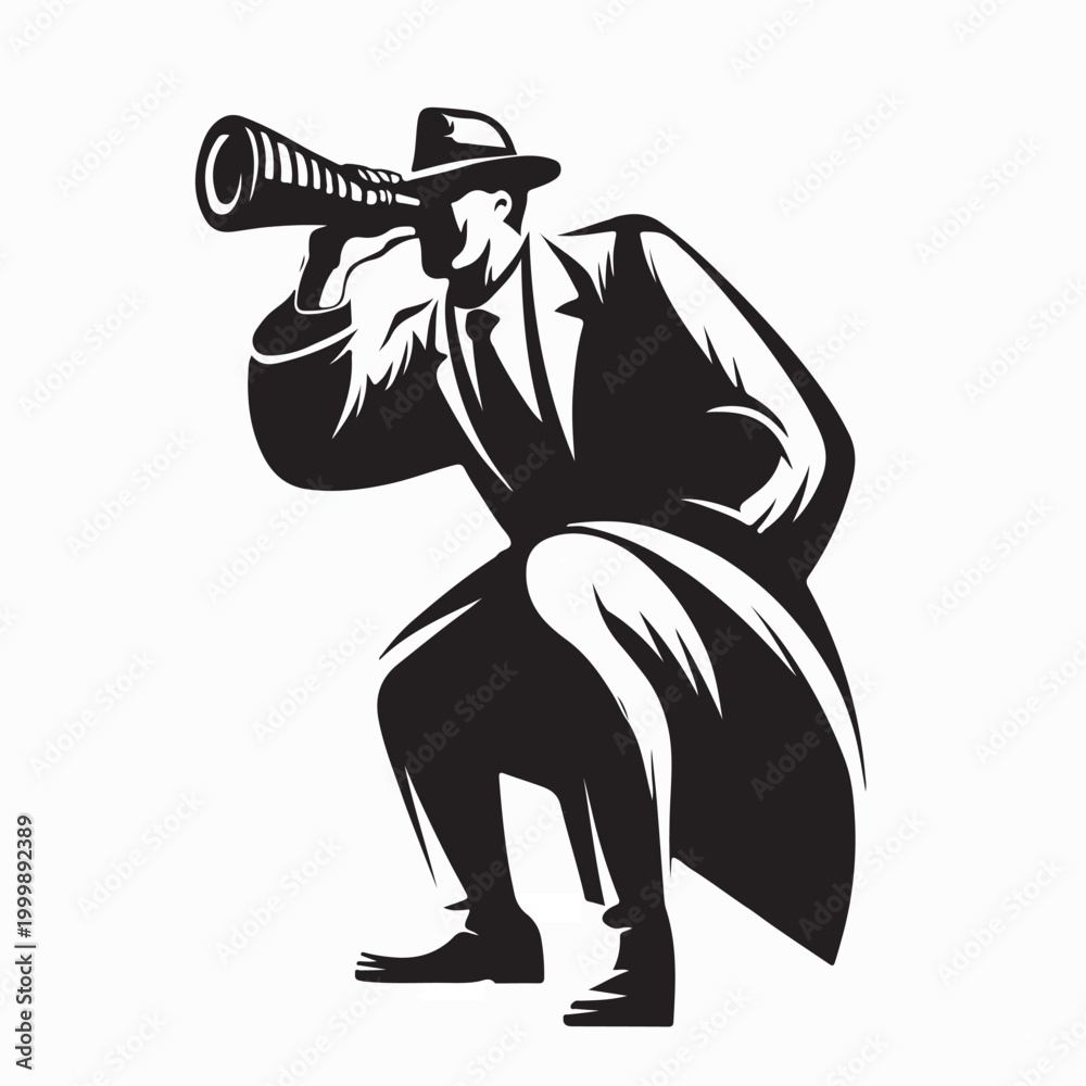 Naklejka premium Private Detective Looking Through Spyglass Logo Vector On White Background