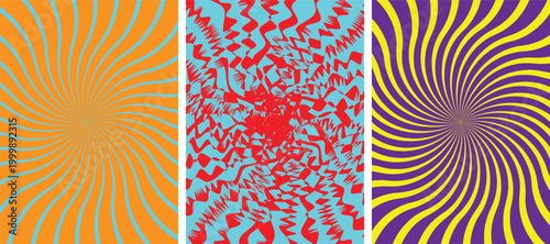 Bild auf Leinwand Abstract Spiral Optical Illusion Background Set Colorful Twisted Radial Lines Ps