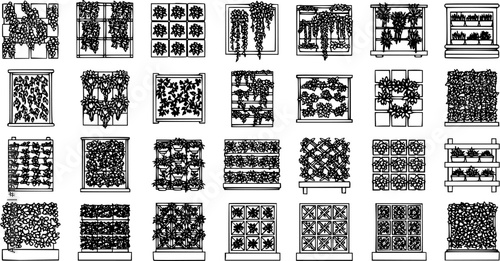 Black and White Line Art of Vertical Garden Designs for Architecture and Landscaping