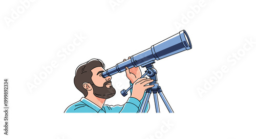 Determined man looking through astronomical telescope exploring stars and planets to learn about outer space and the universe.