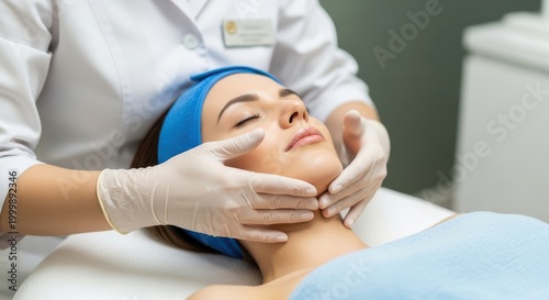 Professional cosmetologist performing a relaxing facial massage on a young woman in a beauty clinic