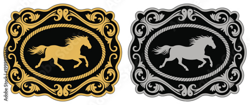 Horse label belt buckle wild western rodeo ranch cowboy style tag design, gold and silver vector silhouettes with classic rodeo symbols, Western festival artwork illustration, vintage cowboy branding