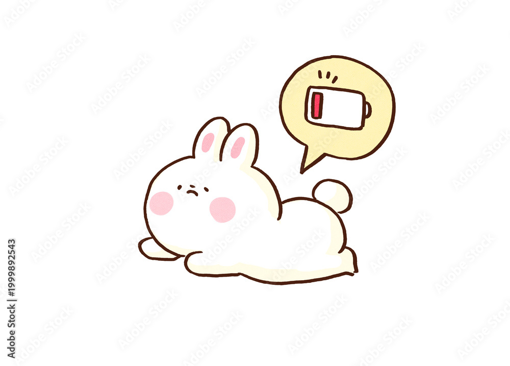 Fototapeta premium A rabbit lying down exhausted with a low battery icon representing burnout