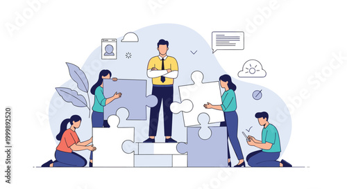 Group of diverse business people collaborating to assemble giant puzzle pieces under guidance of team leader at the office.