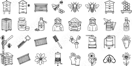 Beekeeping and Apiculture Icons Set with Hives, Bees, Honey, and Beekeeper Tools in Hand Drawn Black and White Line Art Style