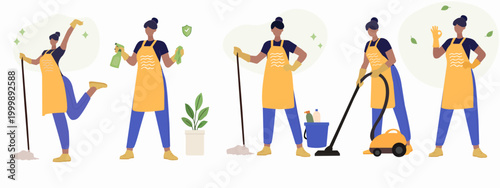 A set of cleaning service characters in flat style. Vector illustration of women cleaning: mopping the floor, vacuuming, disinfecting. Horizontal layout for home care and hygiene service.
