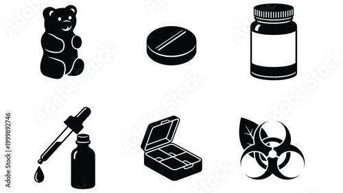 Pharmaceutical & Wellness Icons Set: Gummy, Pill, Dropper Bottle, Organizer, and Biohazard Symbol