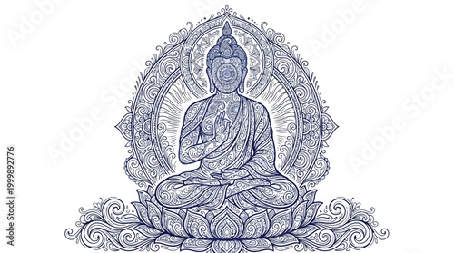 Minimalist outline illustration of a meditating Buddha figure inside a complex circular mandala pattern.