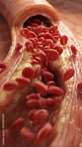 Blood Flow Blockage of an artery, showing red blood cells encountering resistance as they try to pass through a plaque-ridden vessel.