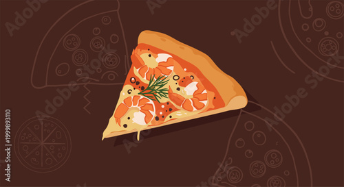 Delicious slice of seafood pizza topped with large fresh shrimp and green dill herbs presented against a dark brown background with pizza patterns.