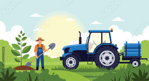 Dedicated farmer wearing a straw hat and overalls uses a shovel to plant a small tree in a field next to a large blue modern tractor.