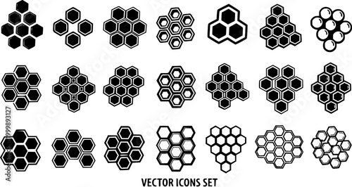 Black  White Flat Honeycomb Hexagon Vector Icons Set - Geometric Glyphs for Beekeeping, Nature, and Abstract Patterns