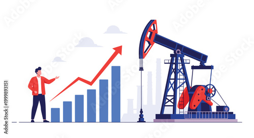 Business professional points toward a rising bar chart and a red arrow next to a working oil pump jack in an industrial setting.