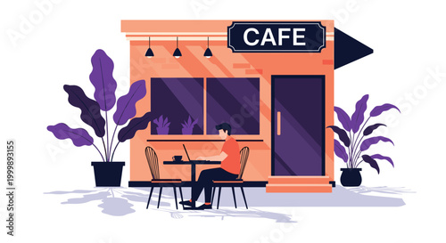 Young man sits at an outdoor table of a cozy cafe while working on his laptop next to large purple potted plants in the sunshine.