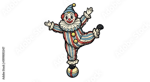Vintage Clown Balancing on Ball, Retro Circus Performer, Fun Entertainment
