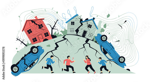 Terrified people run for safety during a powerful earthquake that causes buildings to crack and cars to flip over on a crumbling hill.