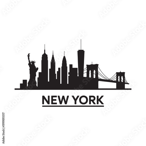 New York city skyline silhouette with text on white background